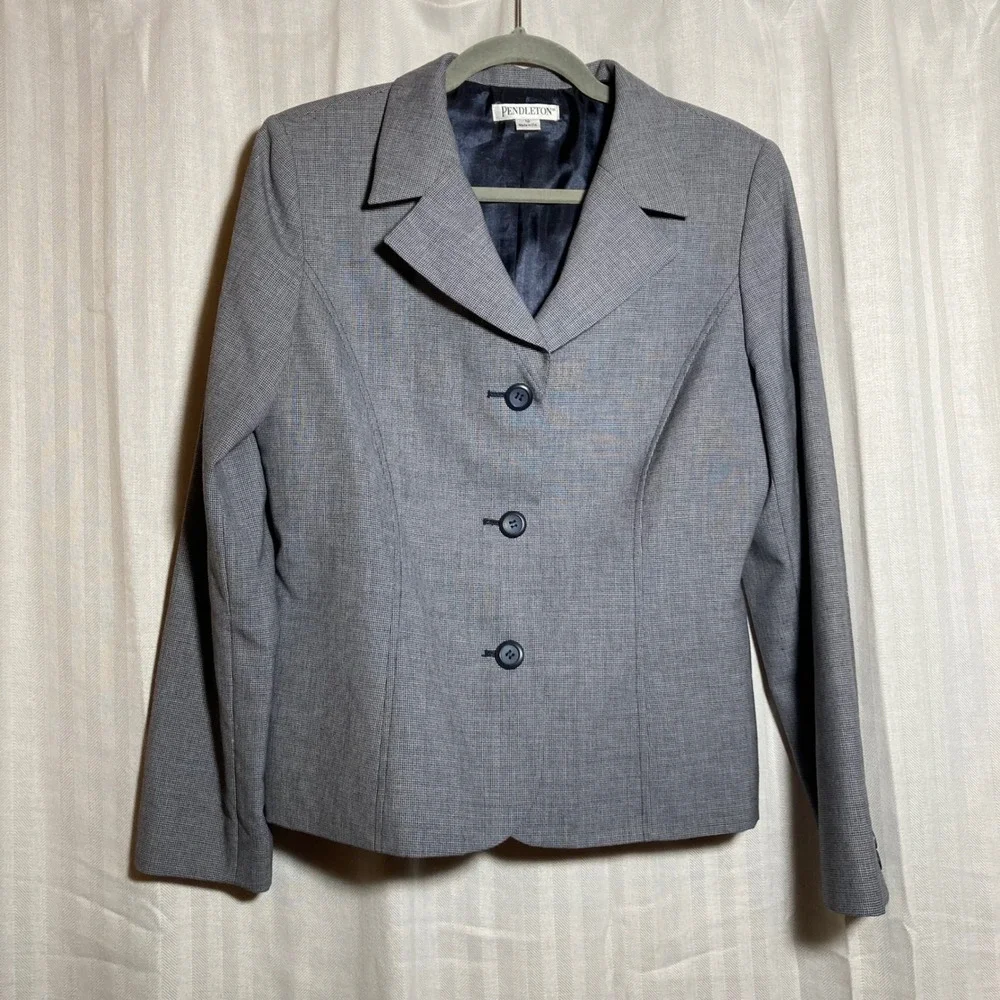 Pendleton Womens Blue Gray‎ 100% Virgin Wool Blazer Jacket Size 10 Made in USA